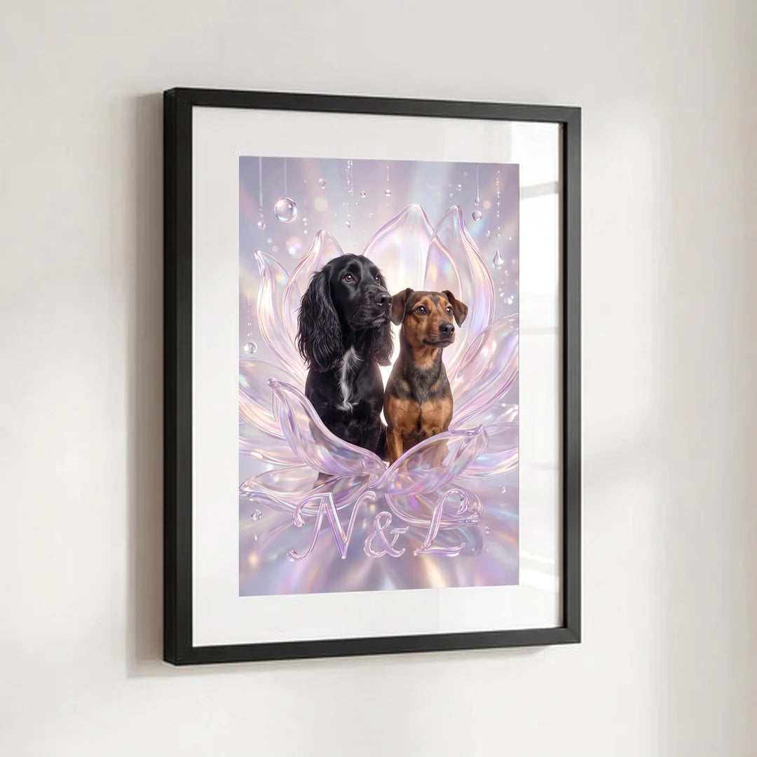 Crystal Bloom pet portrait with two dogs and initials