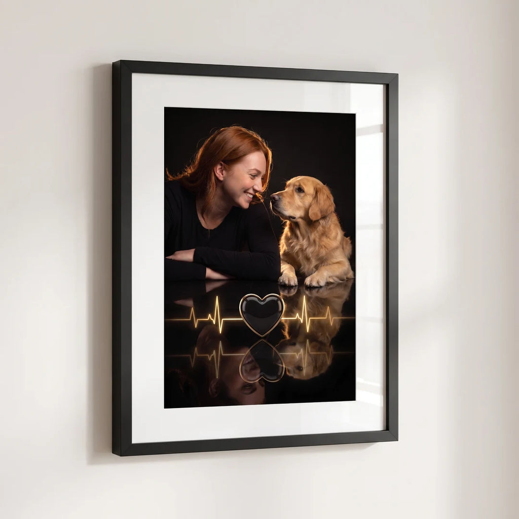 Heartbeat Gold personalised pet portrait in a black frame