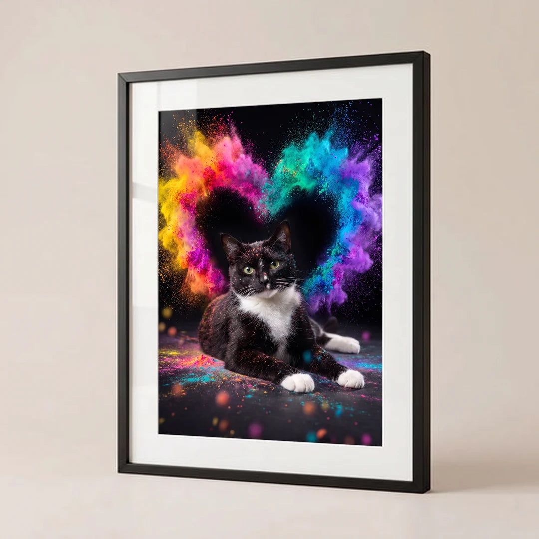 Rainbow Heart poster with a tuxedo cat