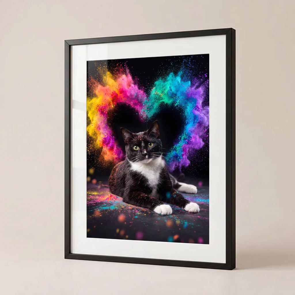 Rainbow Heart poster with a tuxedo cat
