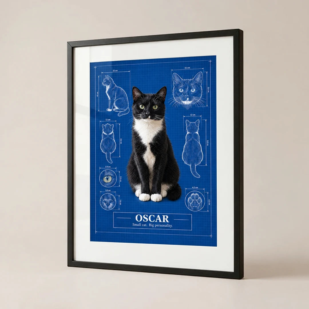 Blueprint Buddy poster of a tuxedo cat named Oscar